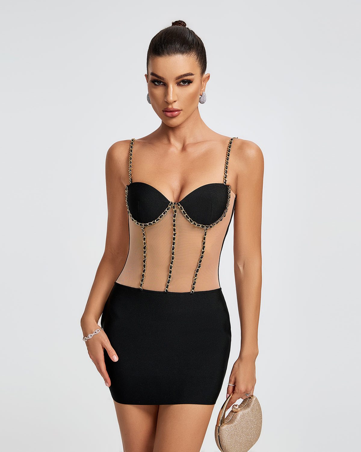 Chain Embellished Strap Mini Bandage Dress