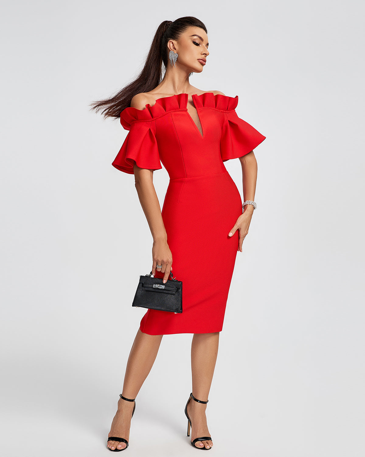 Off Shoulder Ruffle Midi Evening Dress