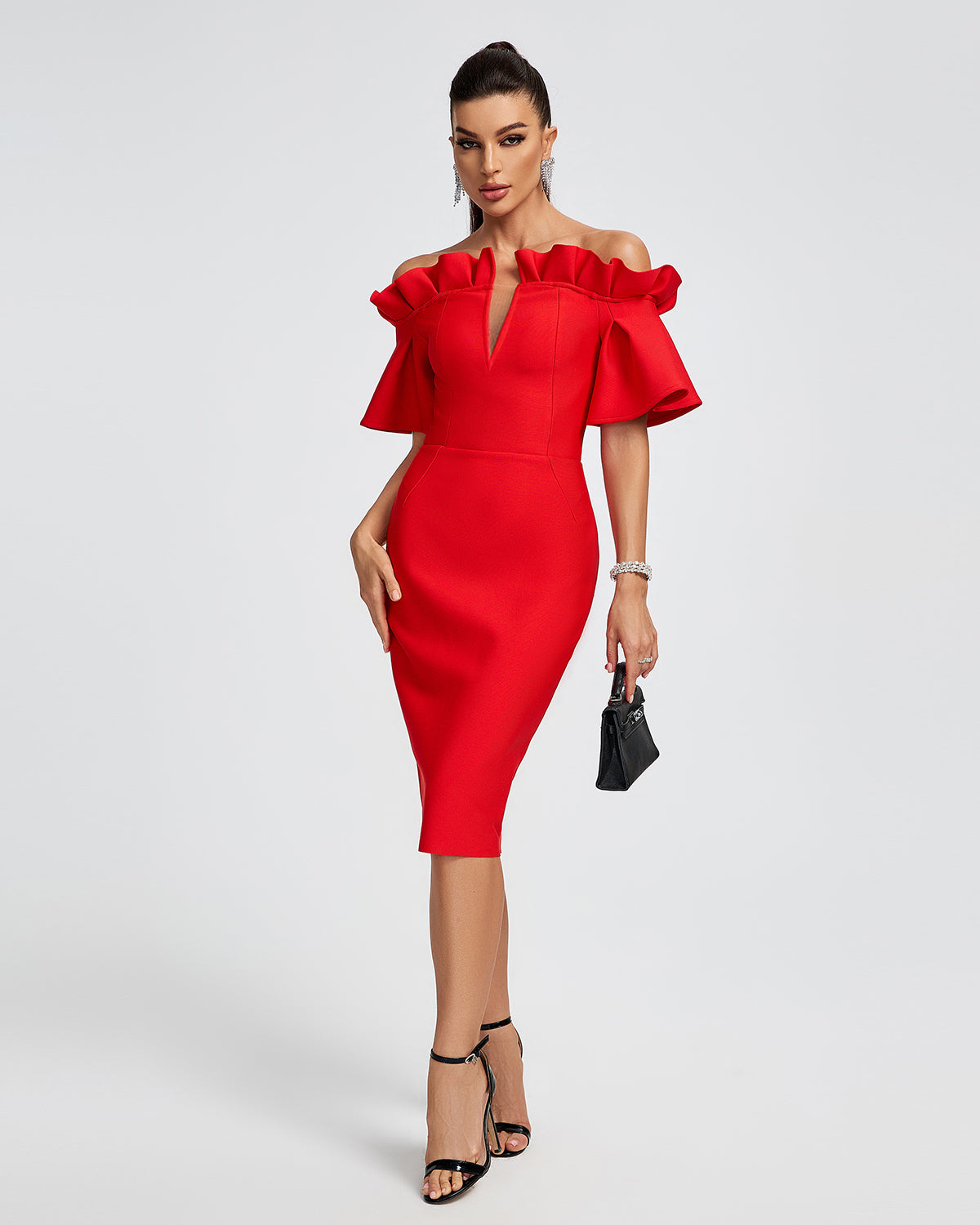 Off Shoulder Ruffle Midi Evening Dress