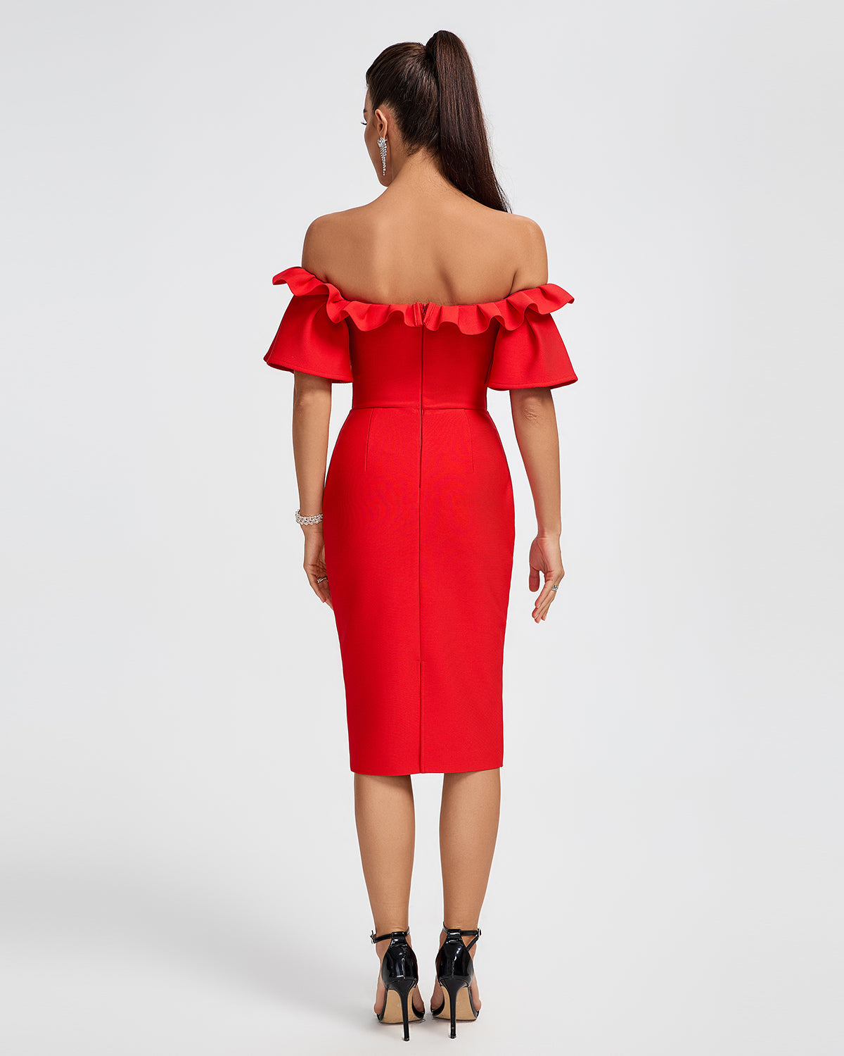 Off Shoulder Ruffle Midi Evening Dress