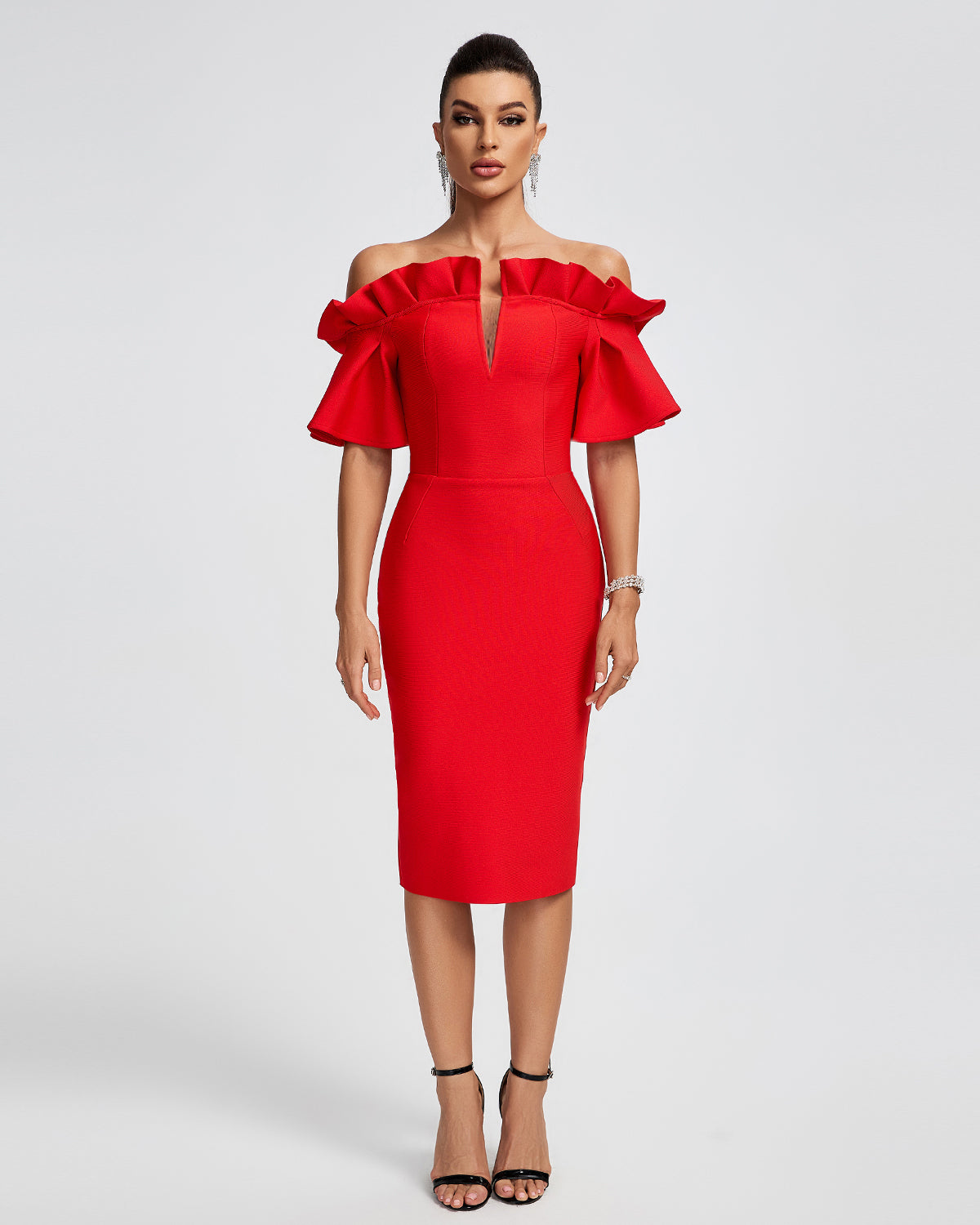 Off Shoulder Ruffle Midi Evening Dress