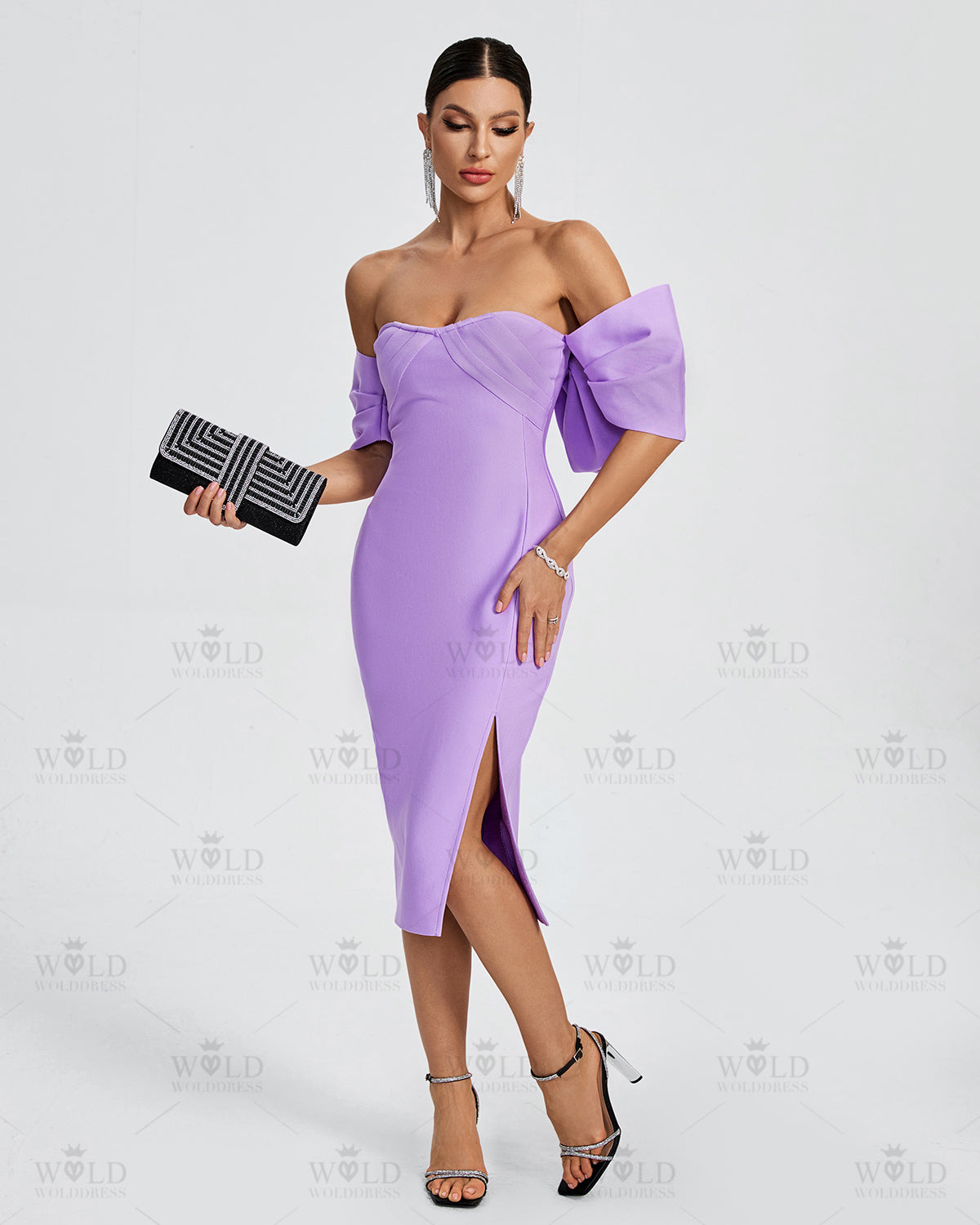 Off Shoulder Bow-Detail Midi Bandage Dress