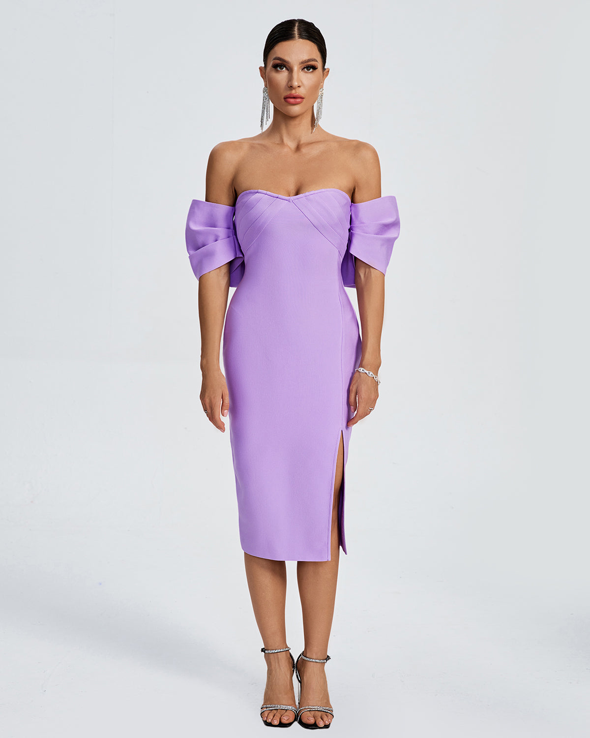 Off Shoulder Bow-Detail Midi Bandage Dress