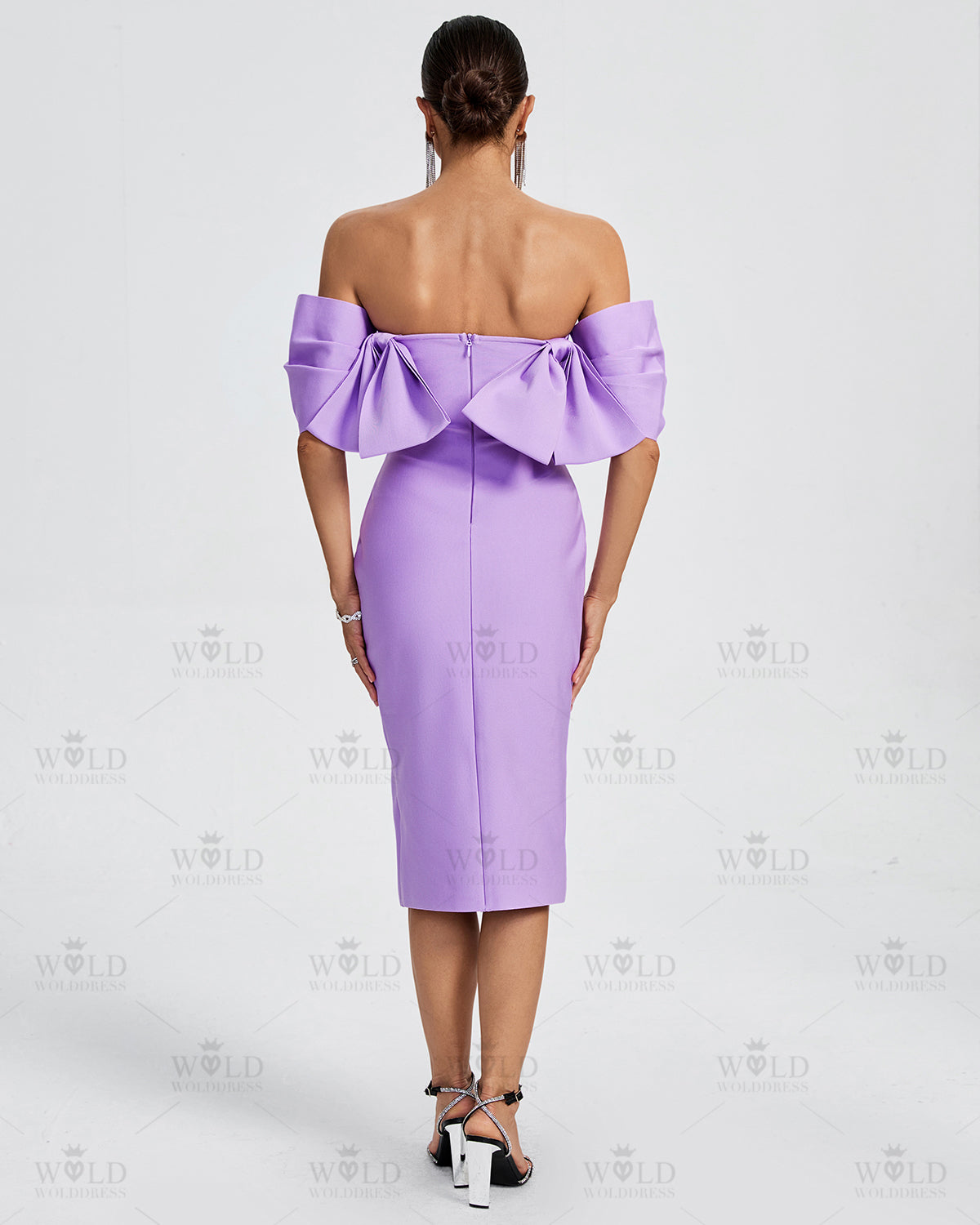 Off Shoulder Bow-Detail Midi Bandage Dress