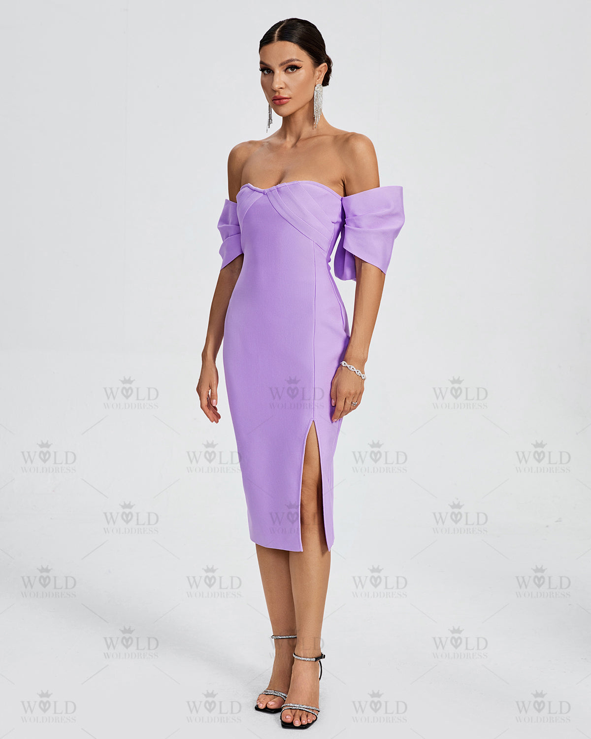 Off Shoulder Bow-Detail Midi Bandage Dress