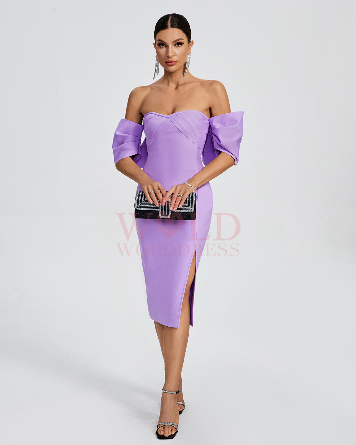 Off Shoulder Bow-Detail Midi Bandage Dress