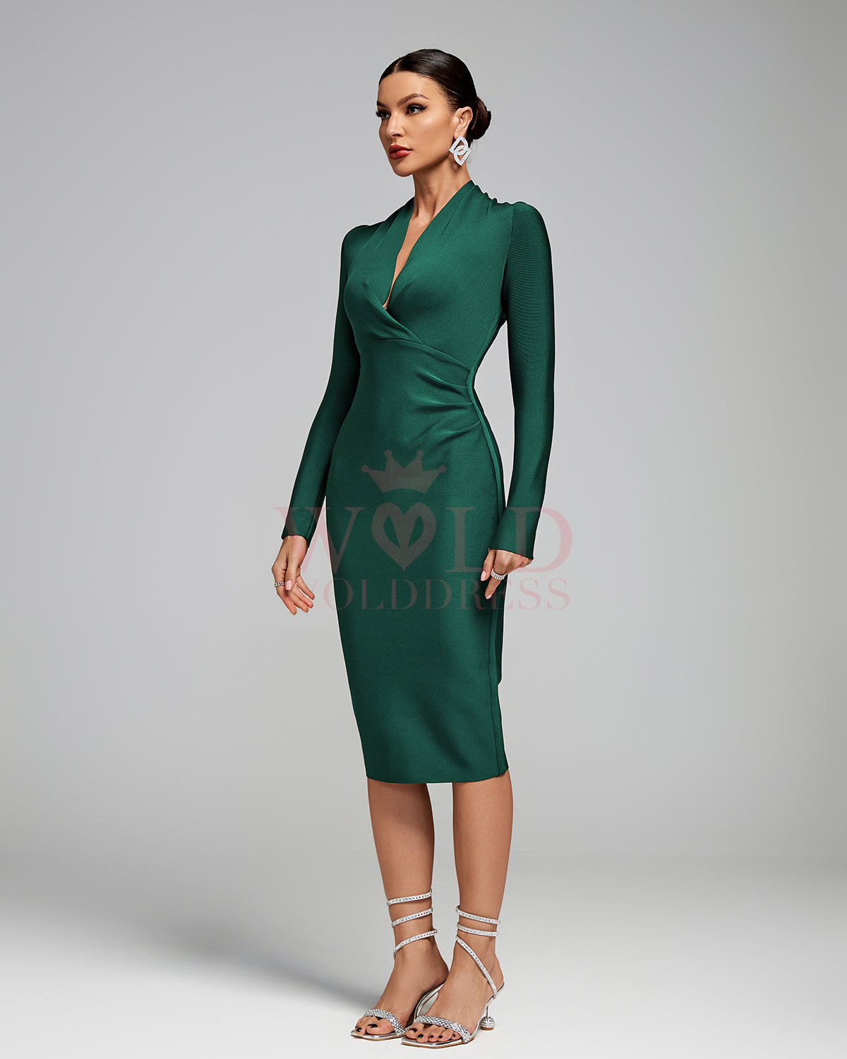 Classic V Neck Wrinkled Bandage Midi Dress