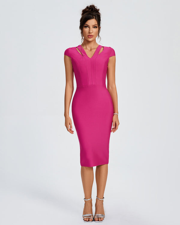 V Neck Cutout Midi Bandage Dress