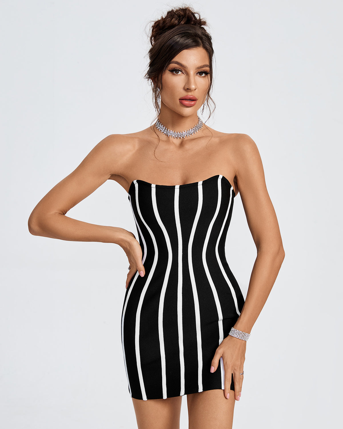 White Striped Strapless Mini Bandage Dress