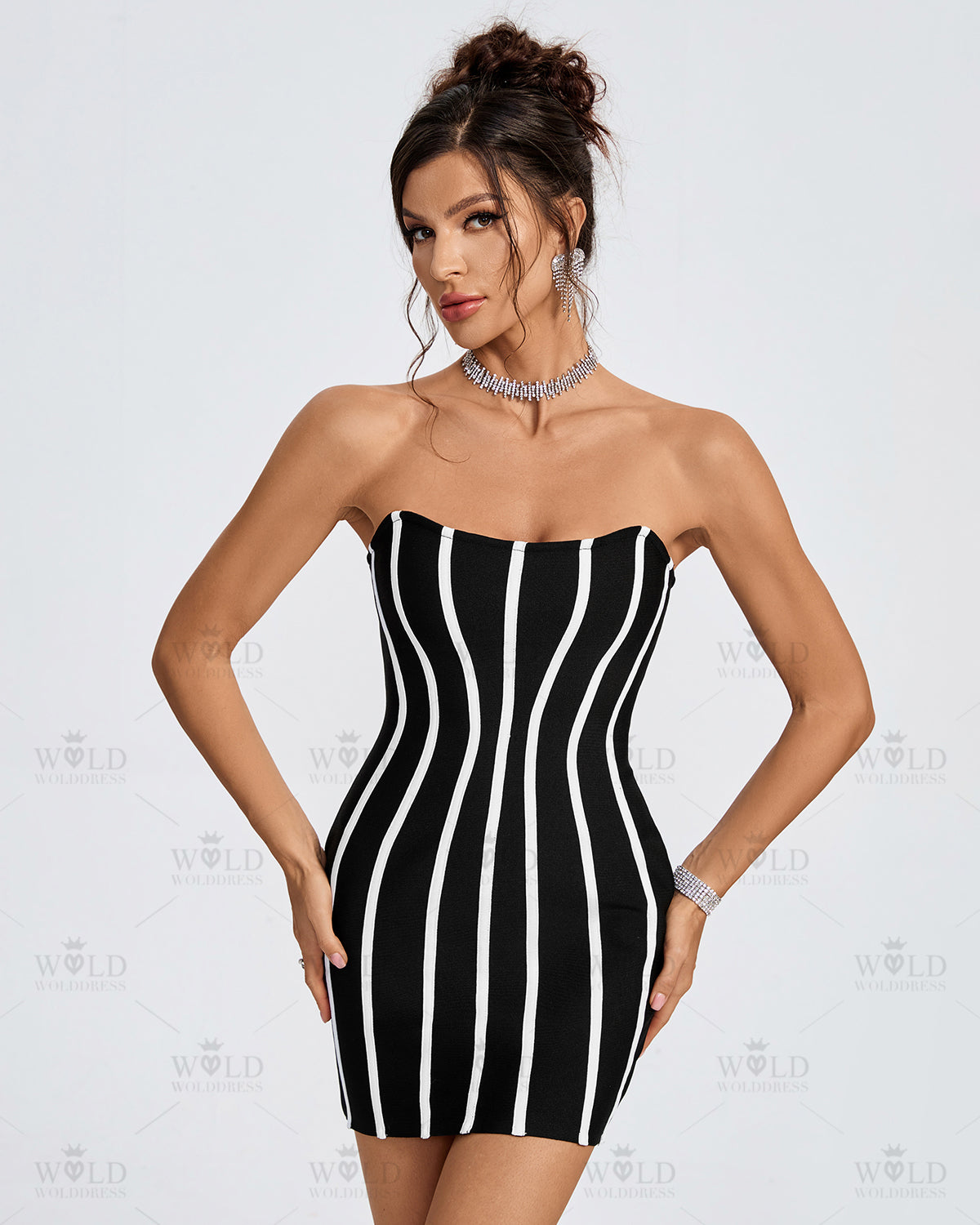 White Striped Strapless Mini Bandage Dress