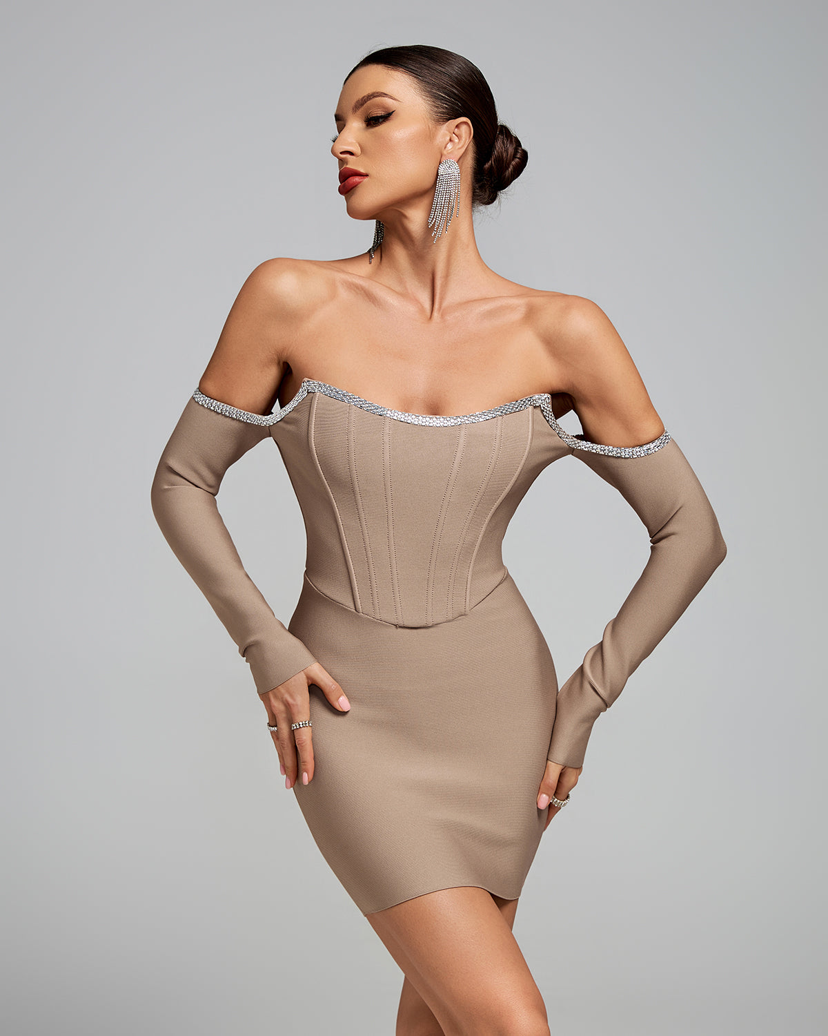 Off Shoulder Chain Trim Corset Bandage Dress