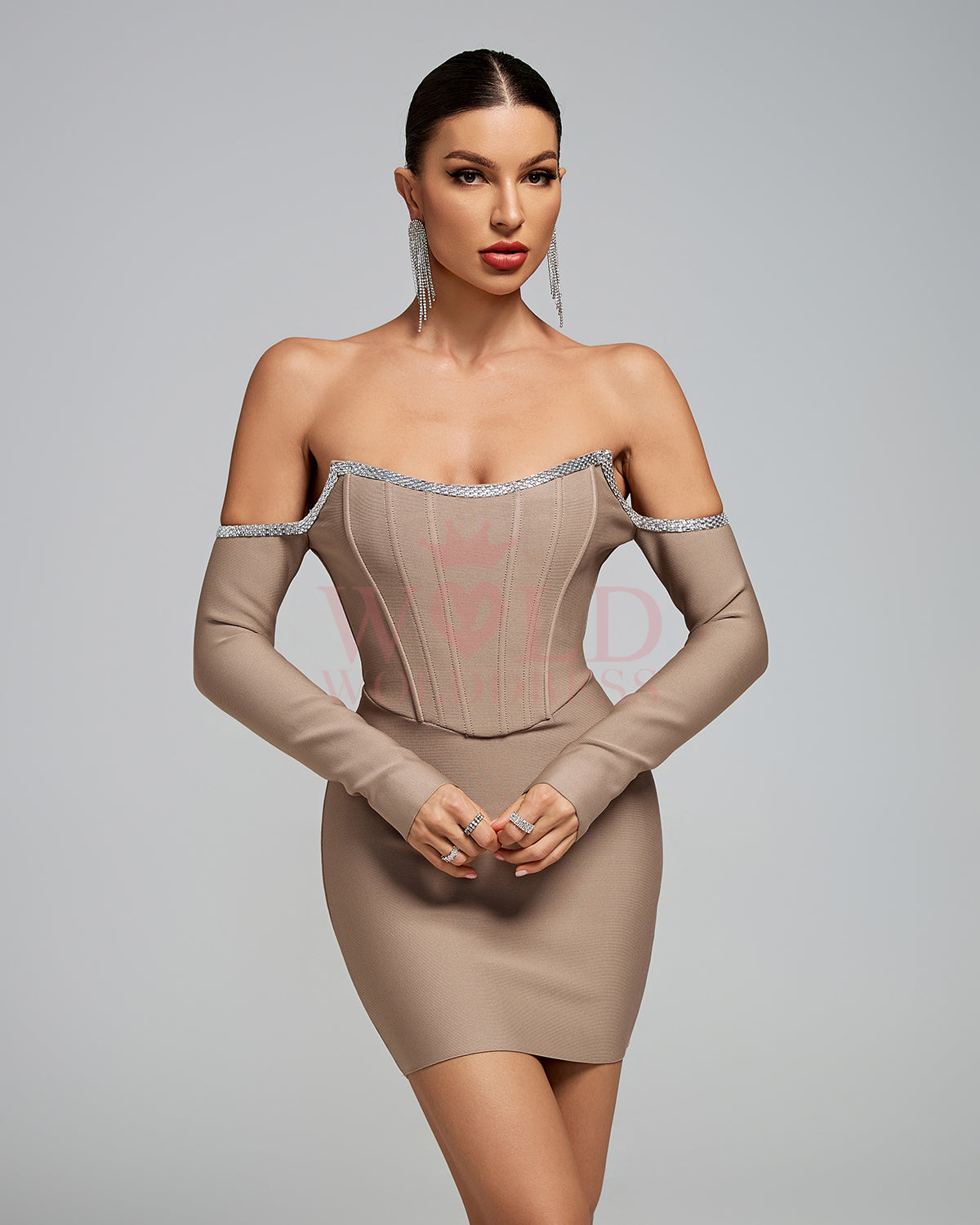 Off Shoulder Chain Trim Corset Bandage Dress