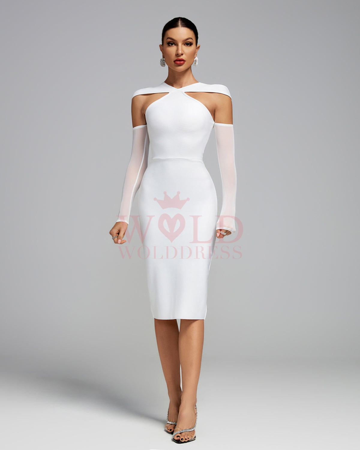 Arm Sleeves Hollow-out Midi Bandage Dress