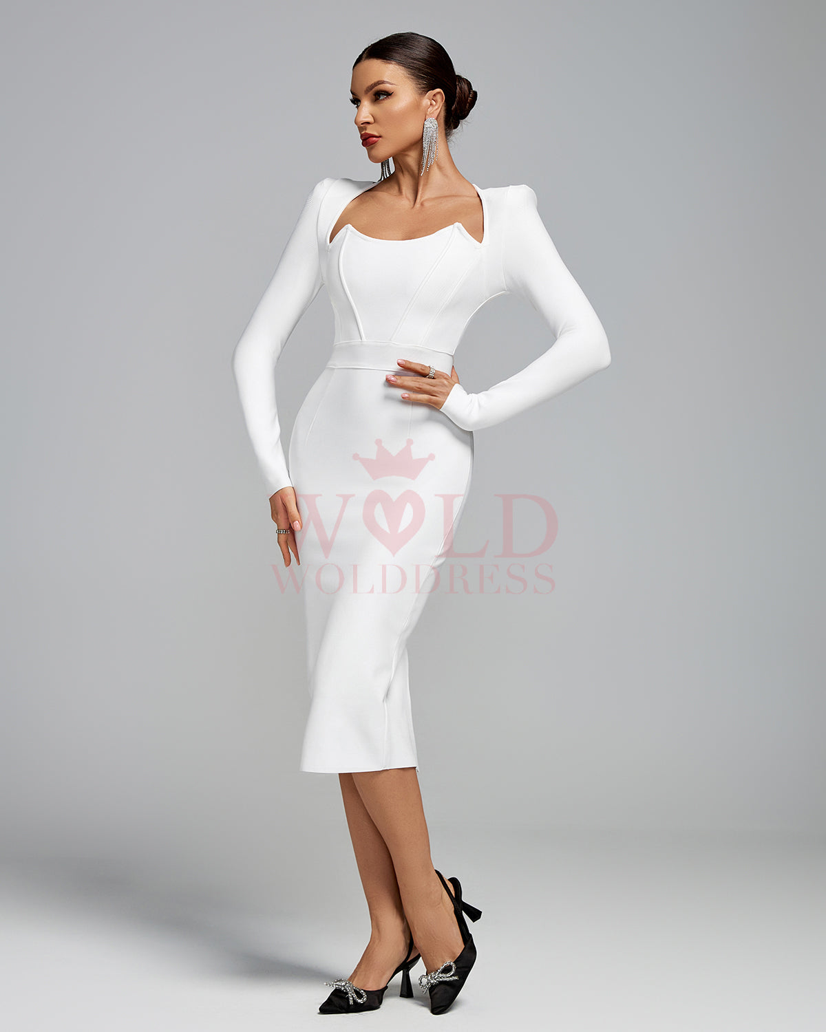 Sweetheart Shoulder Pads Bandage Midi Dress