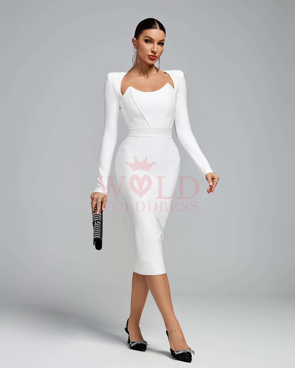 Sweetheart Shoulder Pads Bandage Midi Dress