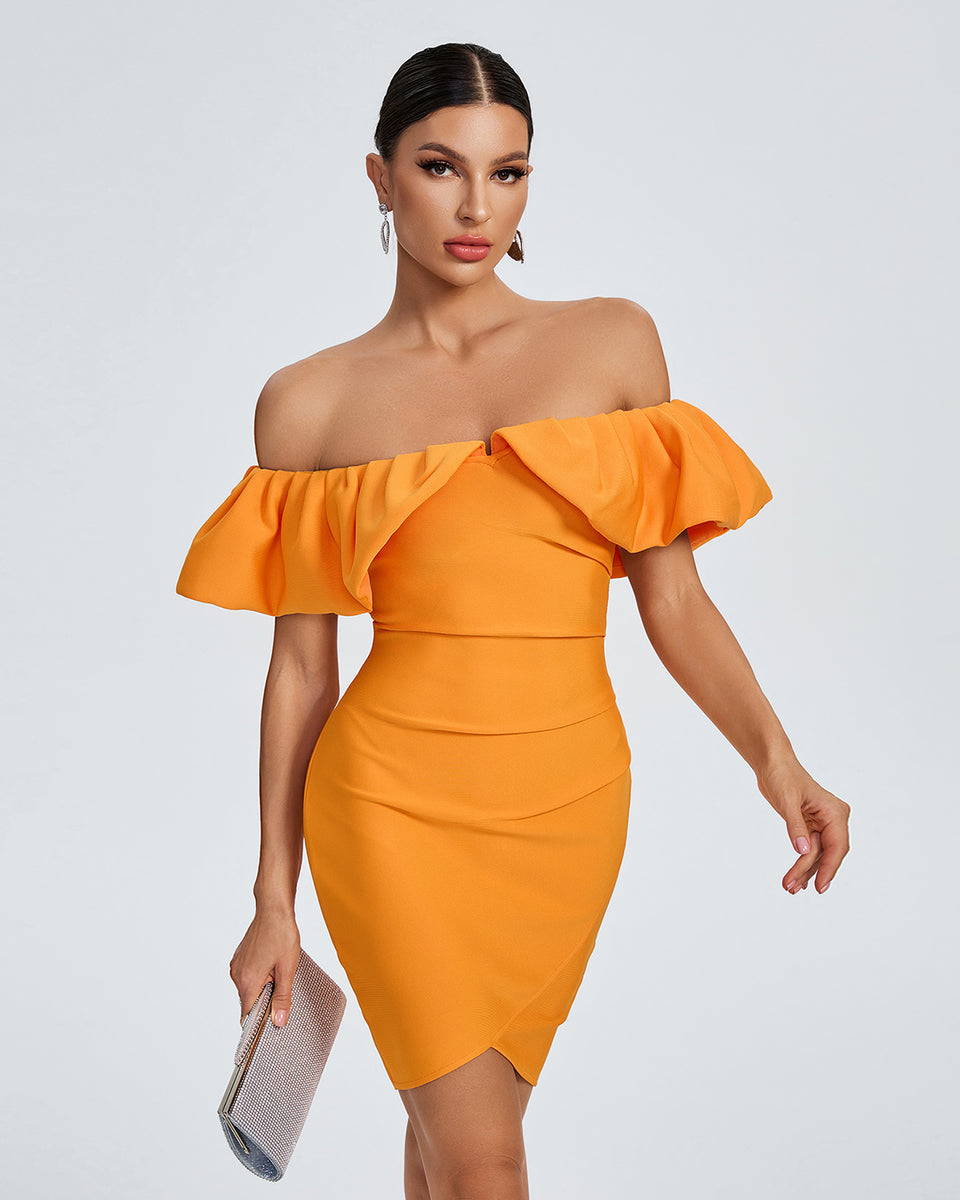 Off Shoulder Ruffle Mini Bandage Dress PP23357 | Wolddress