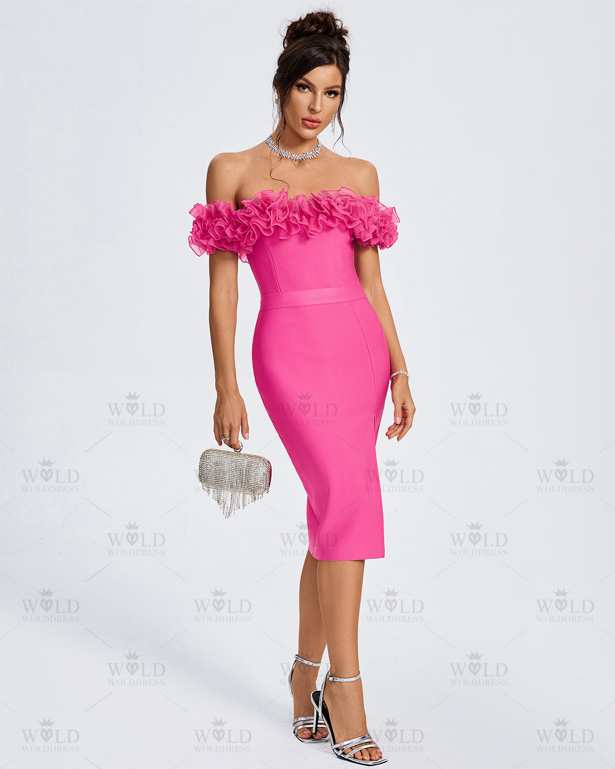 Off Shoulder Ruffle Trim Midi Bandage Dress