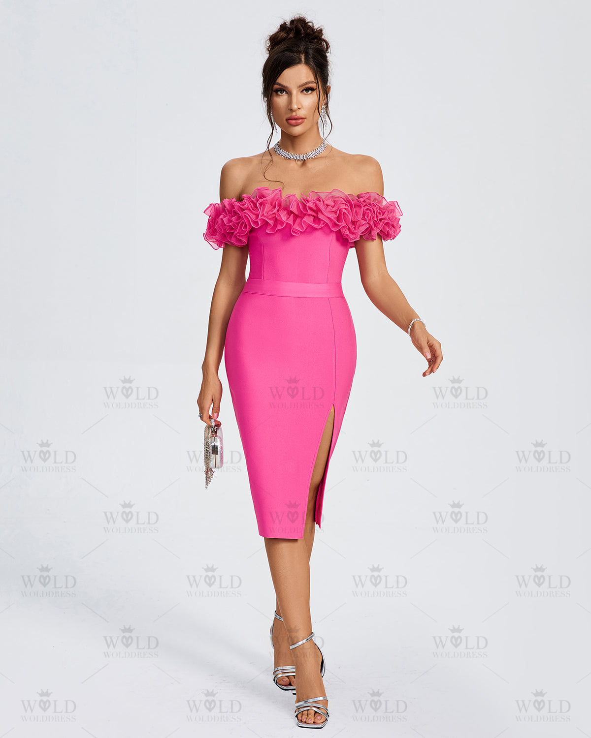 Off Shoulder Ruffle Trim Midi Bandage Dress