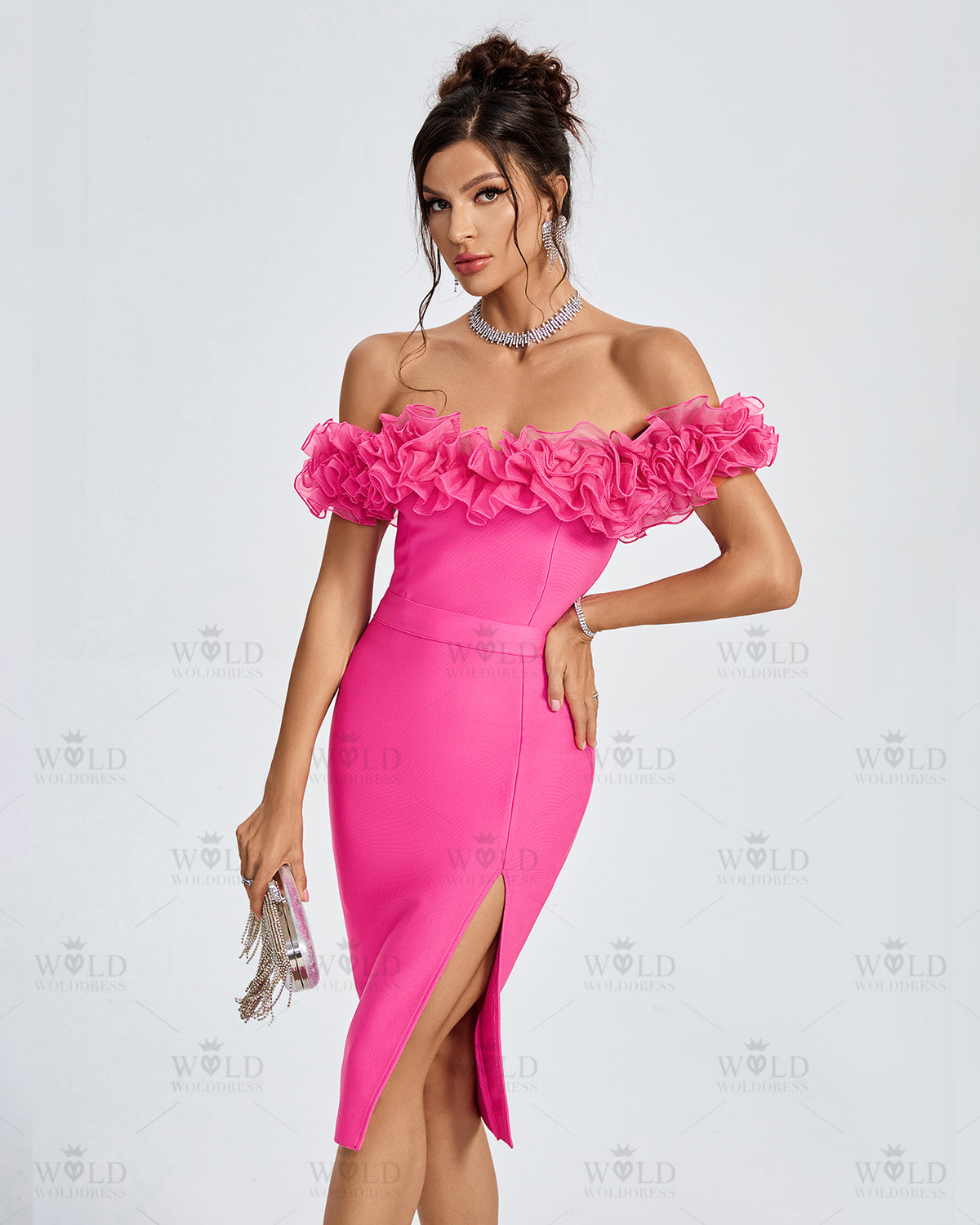 Off Shoulder Ruffle Trim Midi Bandage Dress