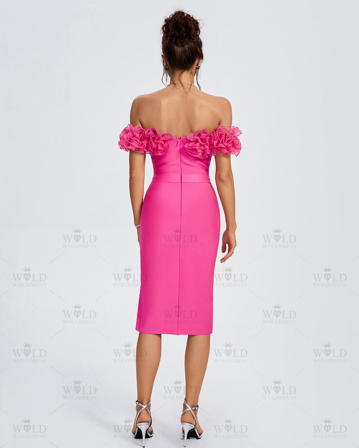 Off Shoulder Ruffle Trim Midi Bandage Dress