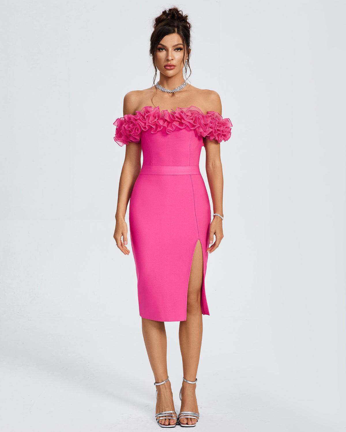 Off Shoulder Ruffle Trim Midi Bandage Dress