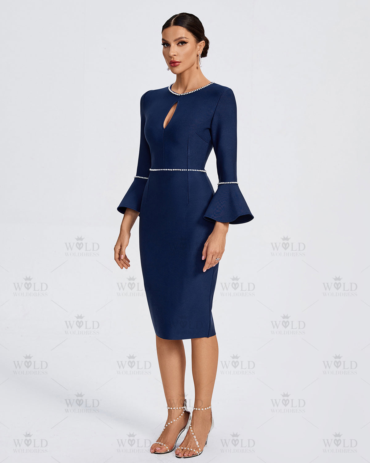 Pearl Trim Pagoda-Sleeve Midi Bandage Dress