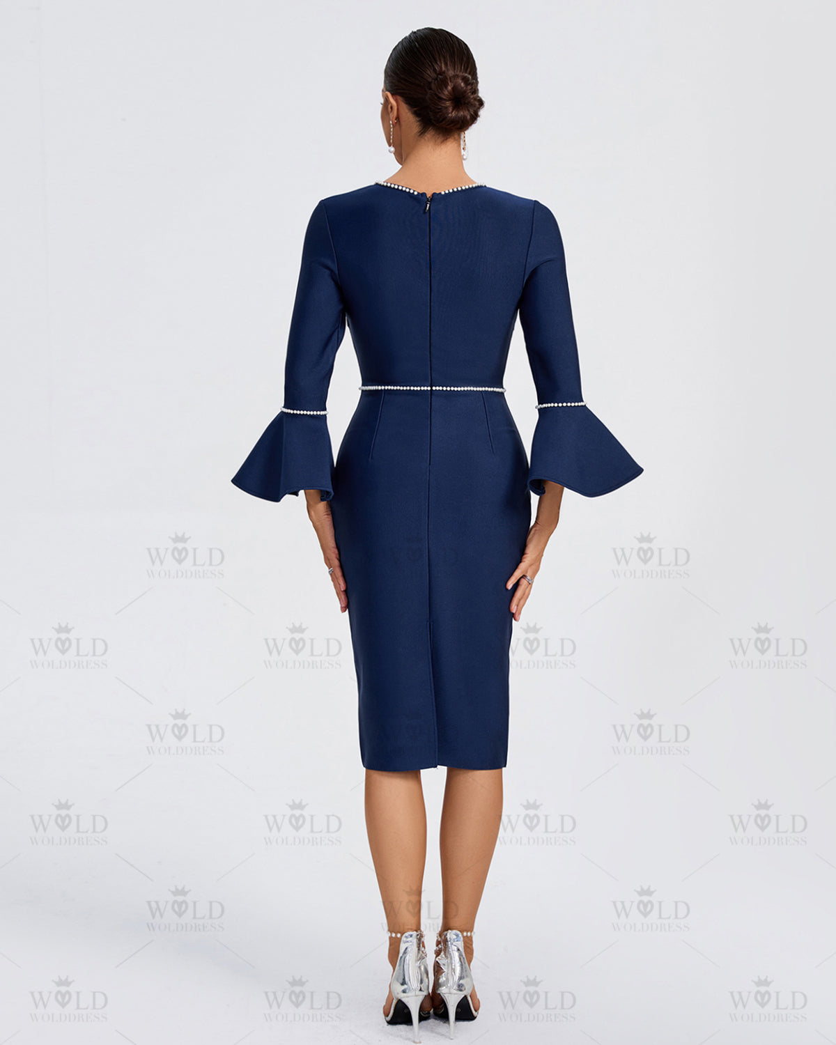 Pearl Trim Pagoda-Sleeve Midi Bandage Dress