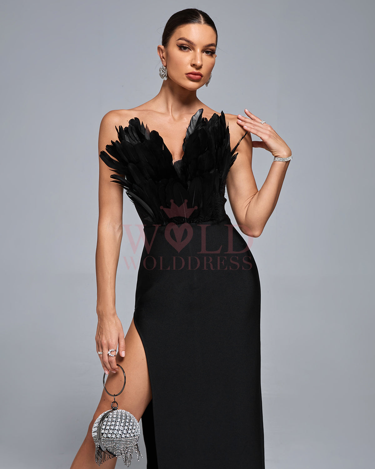 Feather High-slit Maxi Bandage Dress