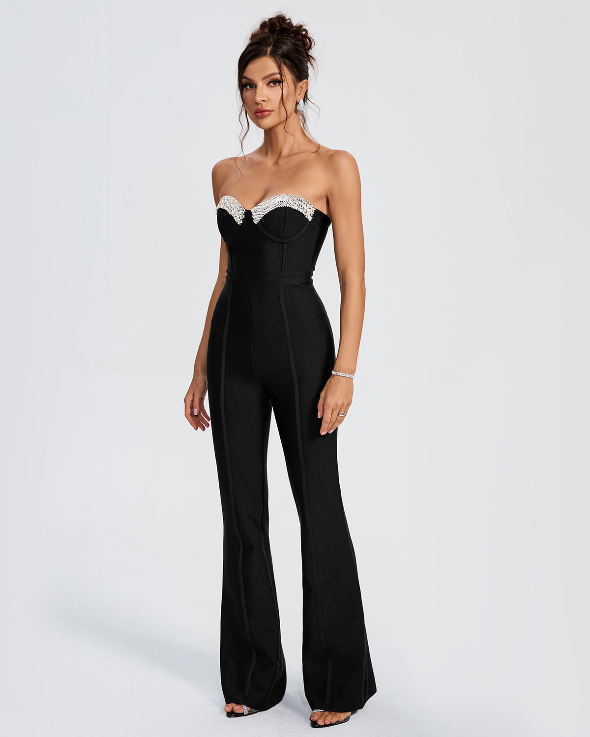 Rhinestone Trim Open Back Bandage Jumpsuit