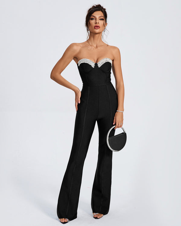 Rhinestone Trim Open Back Bandage Jumpsuit