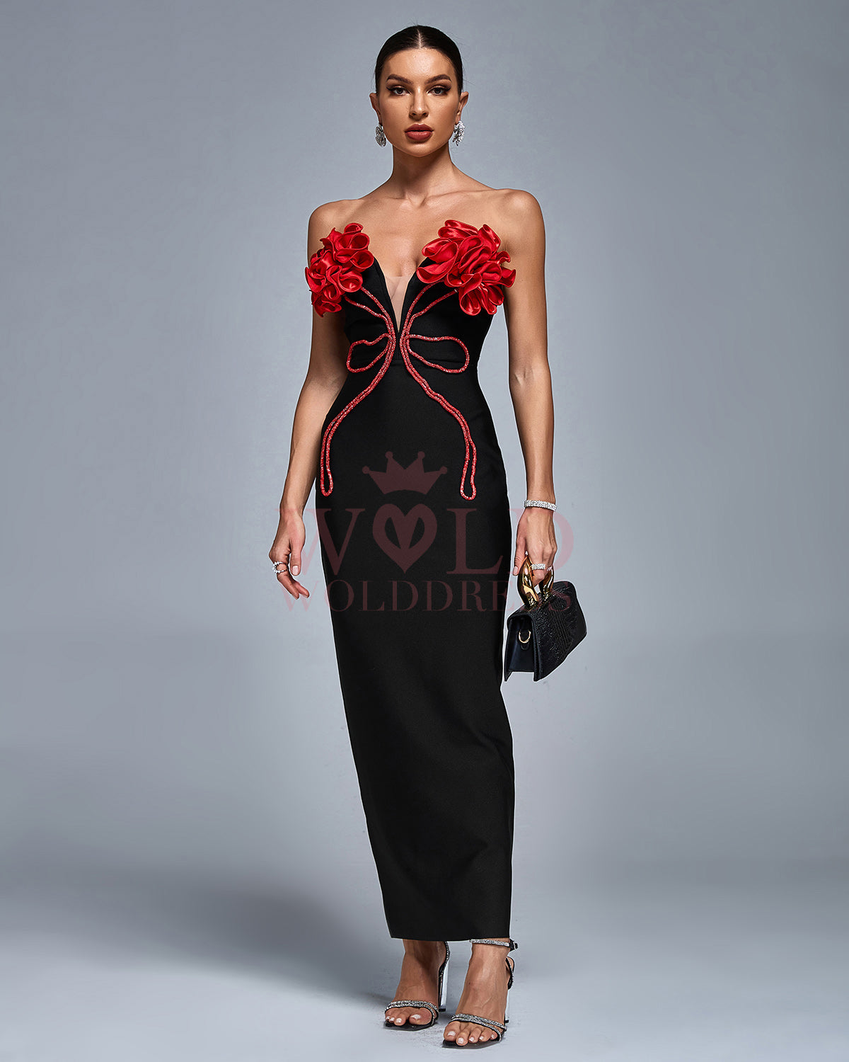 Strapless 3D Floral Bandage Maxi Dress