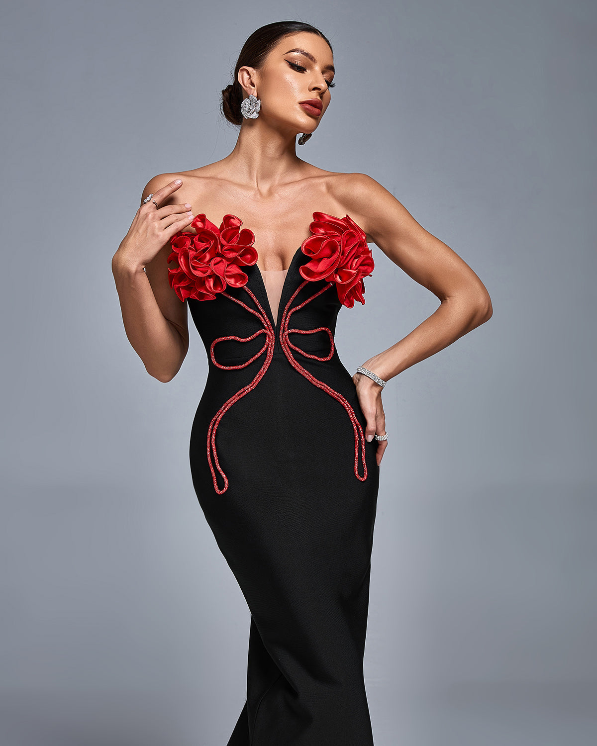 Strapless 3D Floral Bandage Maxi Dress