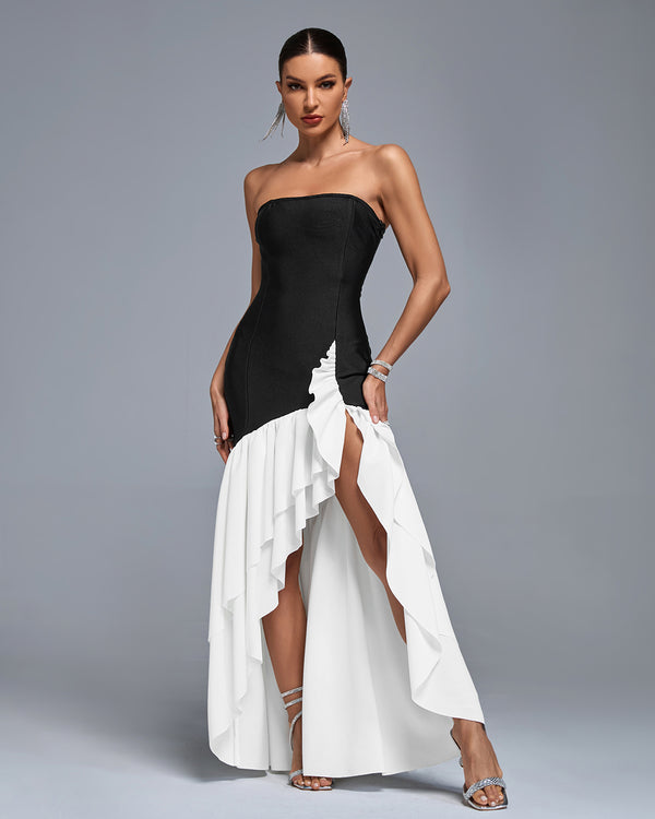 Open Back Color Block Ruffle Layered Maxi Dress