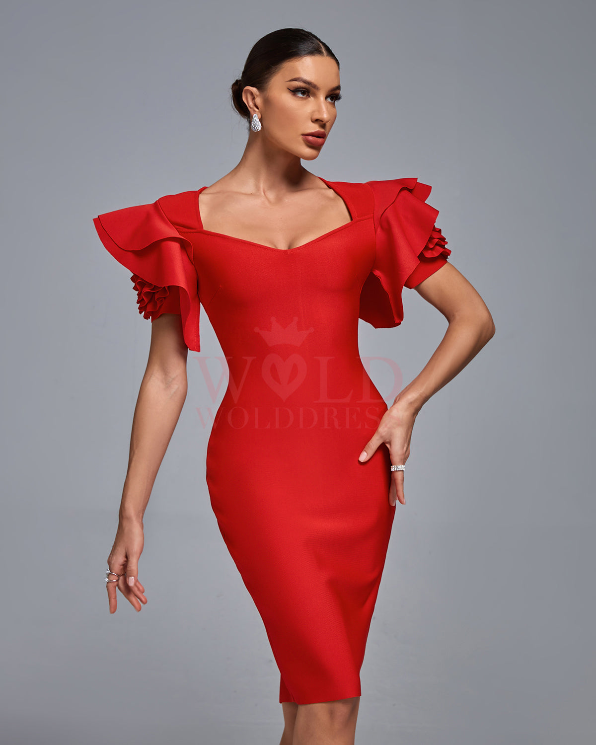 Rosette Embellished Ruffle Sleeve Bandage Dress