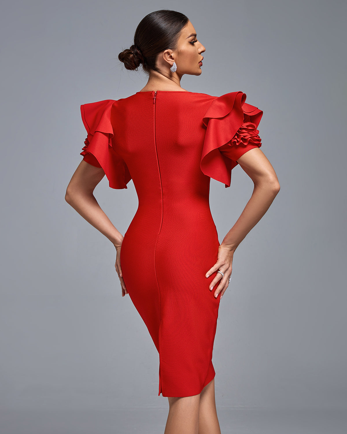 Rosette Embellished Ruffle Sleeve Bandage Dress