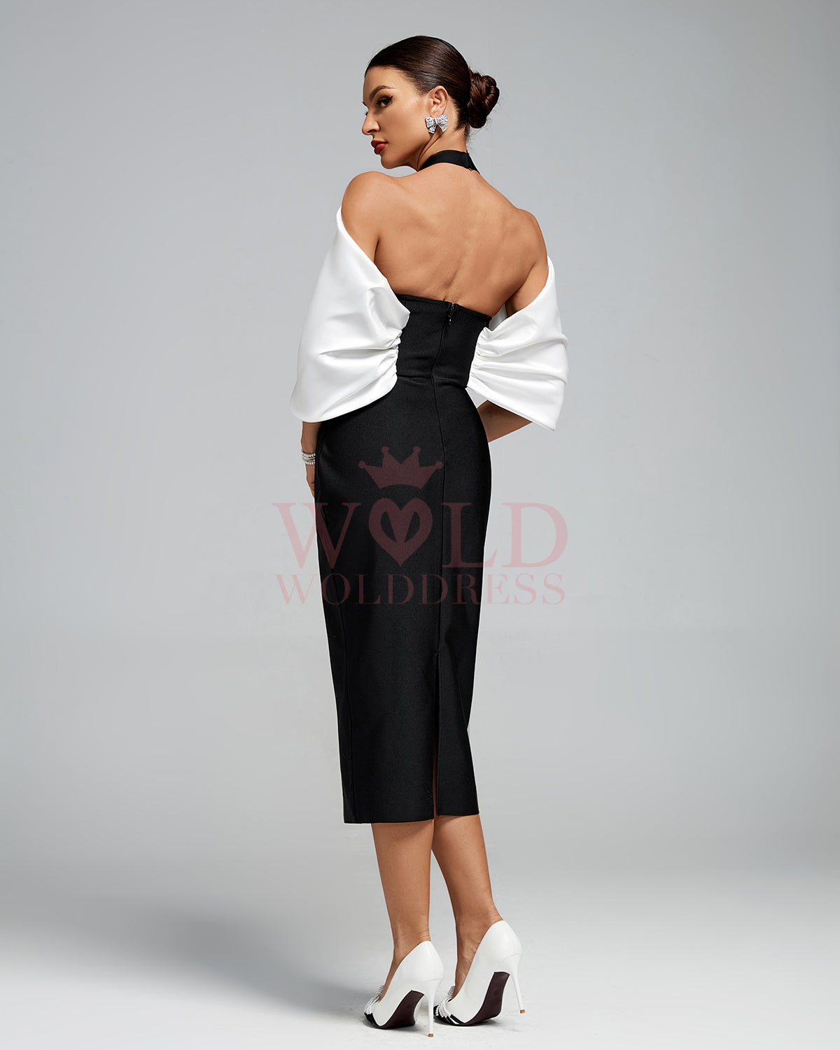 Open Back Draped Flower Midi Bandage Dress