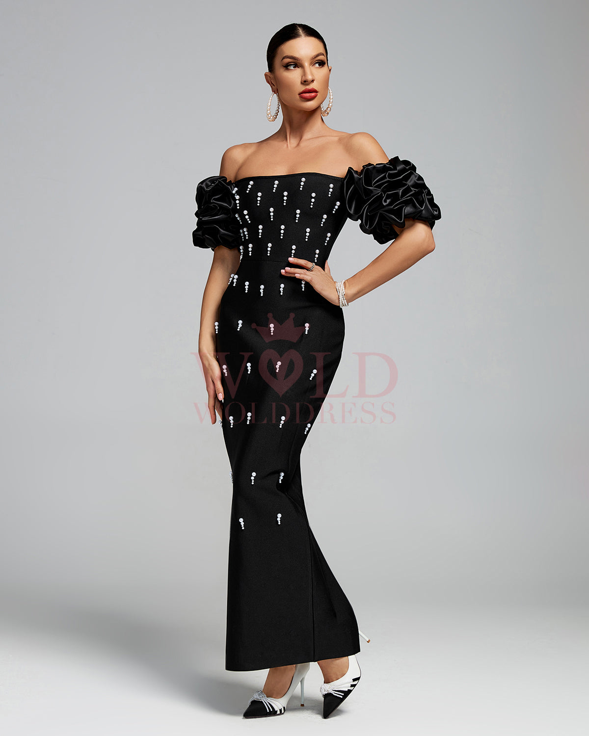 Off Shoulder Pearl Embroidered Bandage Maxi Dress