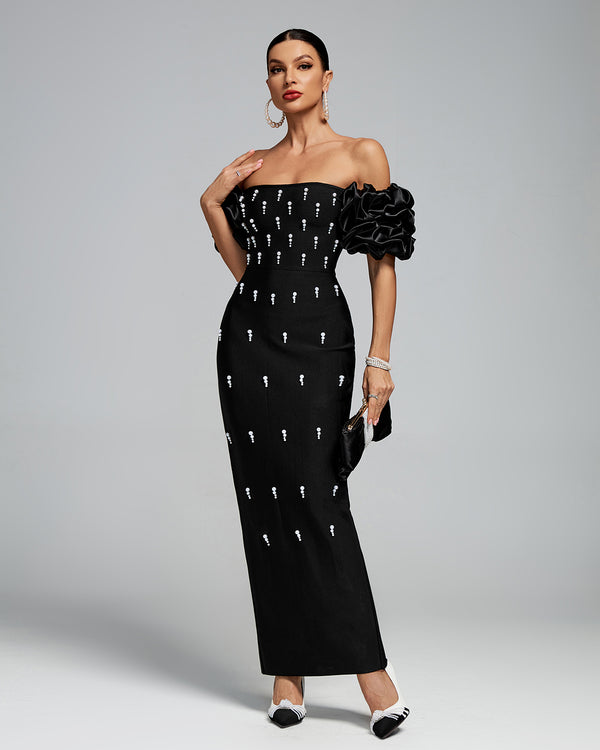 Off Shoulder Pearl Embroidered Bandage Maxi Dress