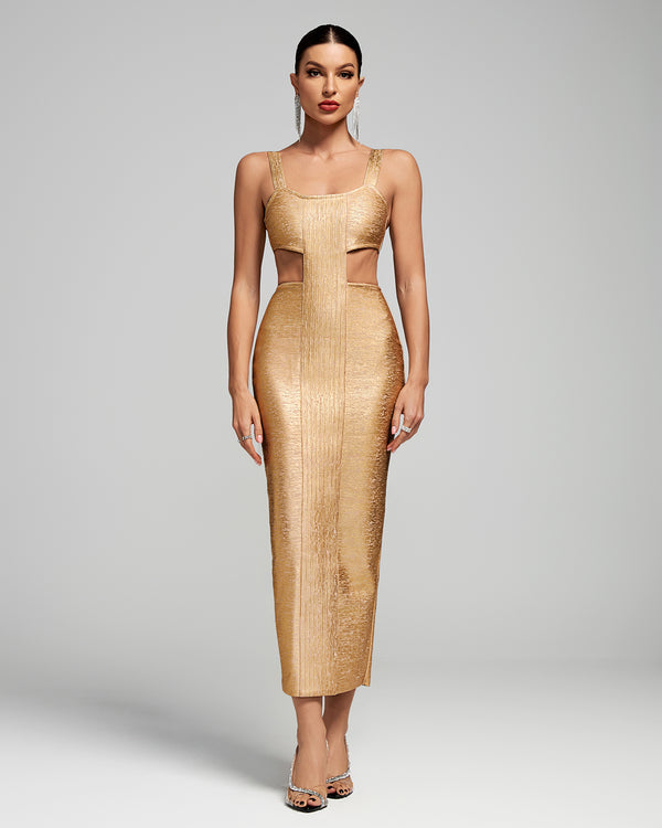 Gold Metallic Backless Bandage Long Dress