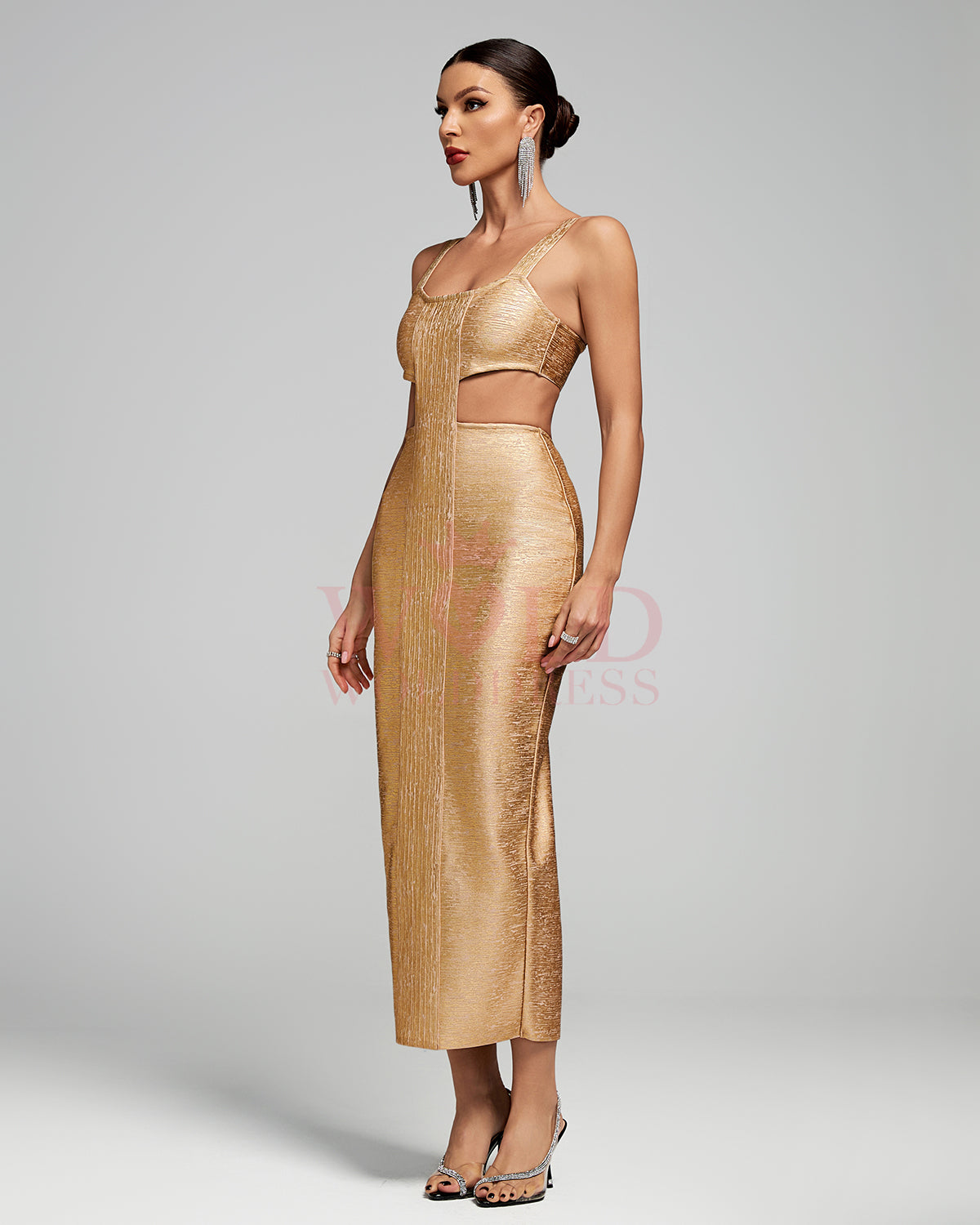 Gold Metallic Backless Bandage Long Dress