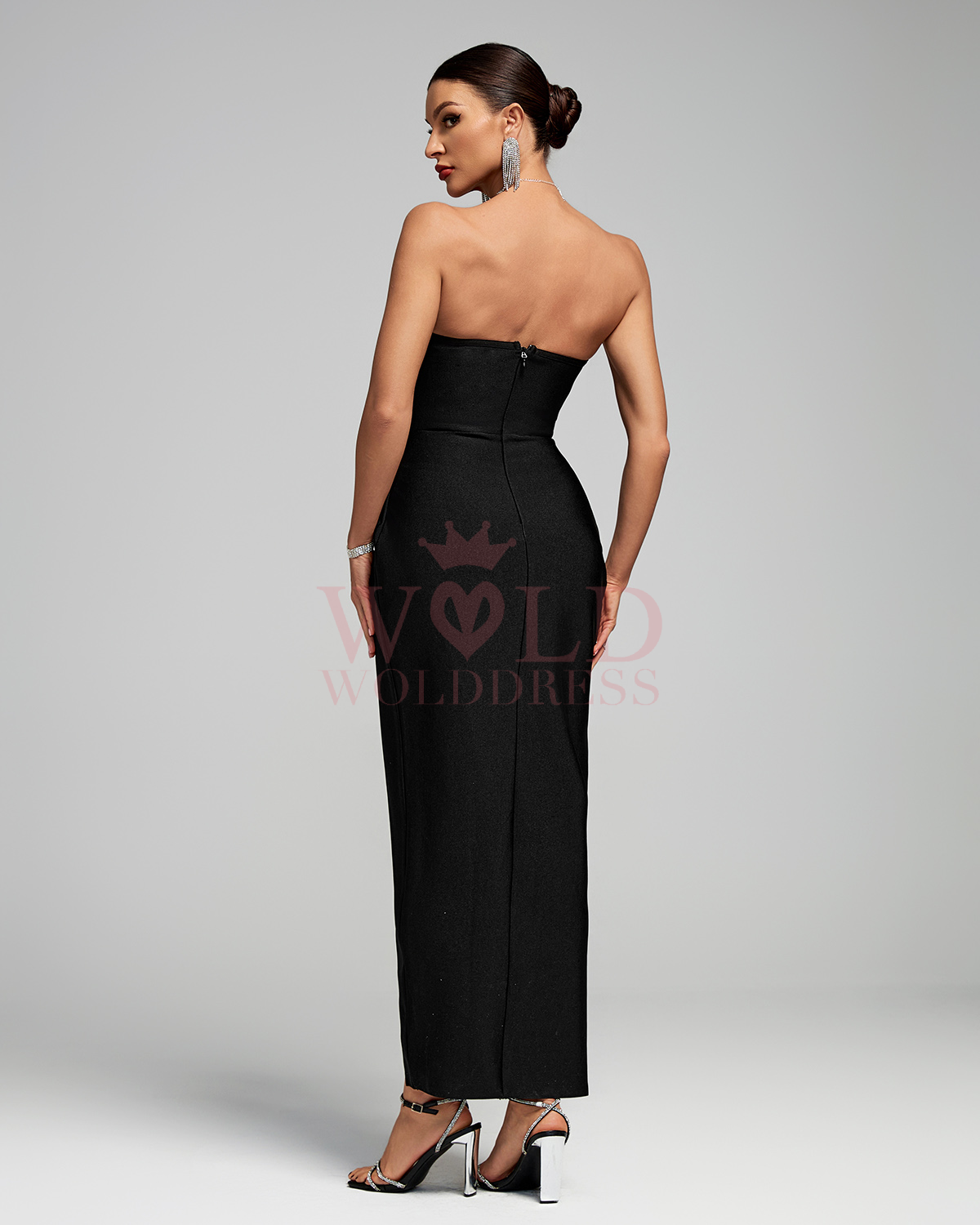 Strapless Gold-Pleated Front Slit Bandage Dress