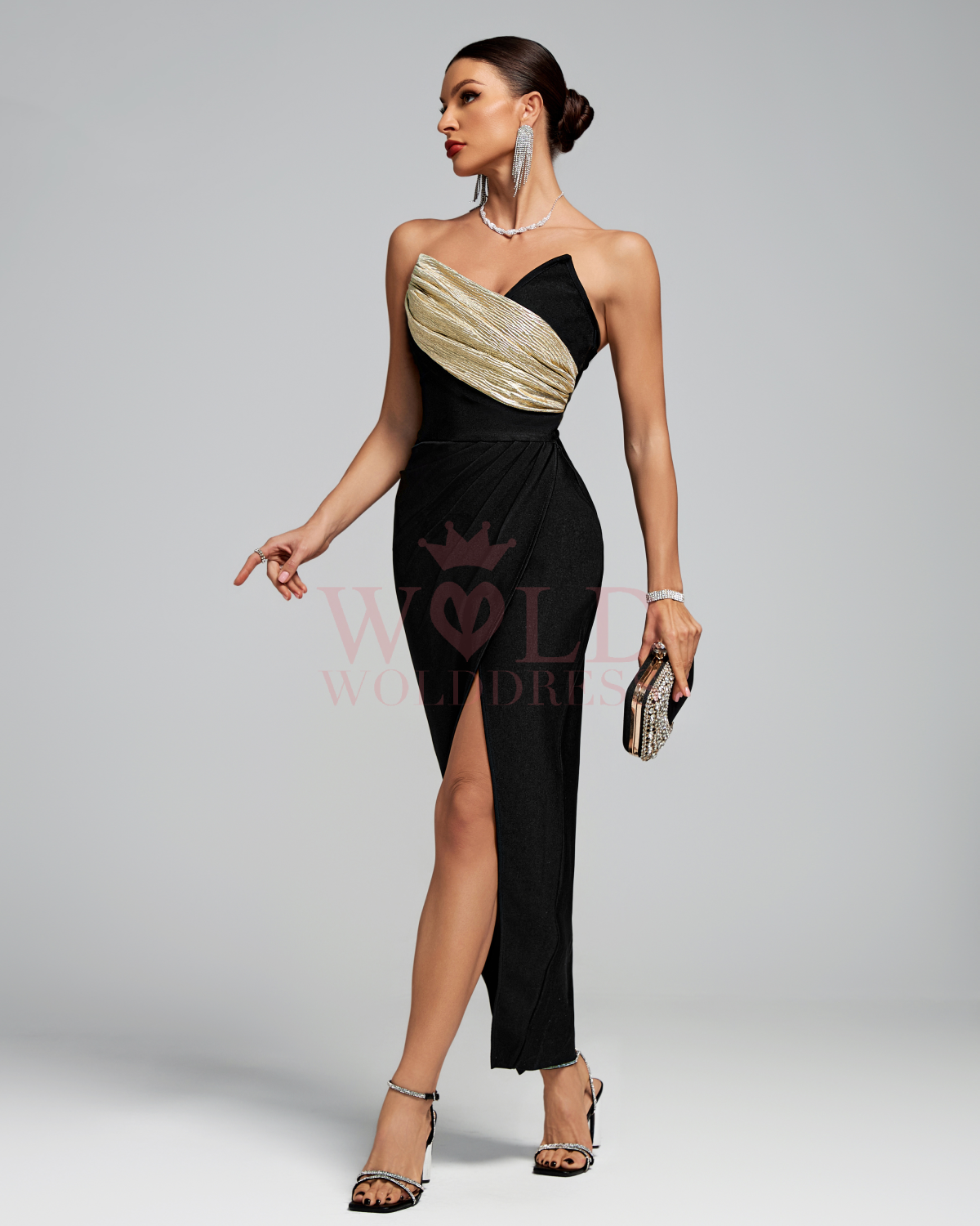 Strapless Gold-Pleated Front Slit Bandage Dress