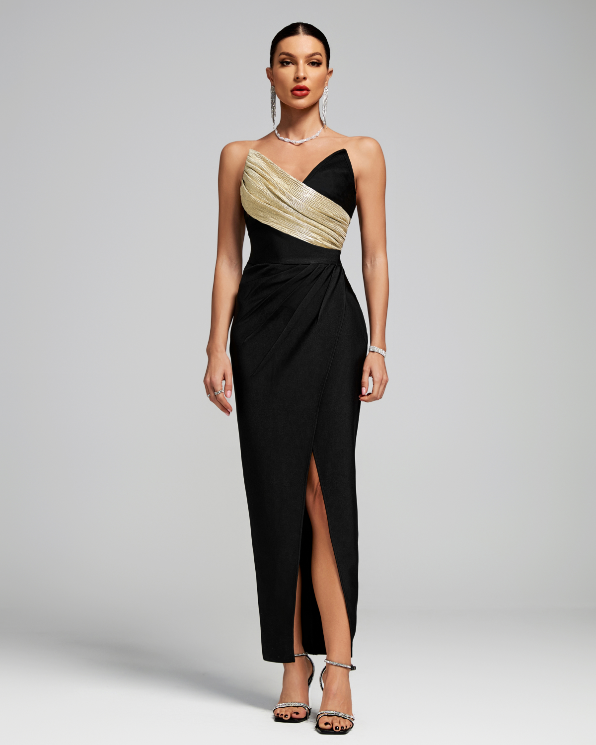 Strapless Gold-Pleated Front Slit Bandage Dress