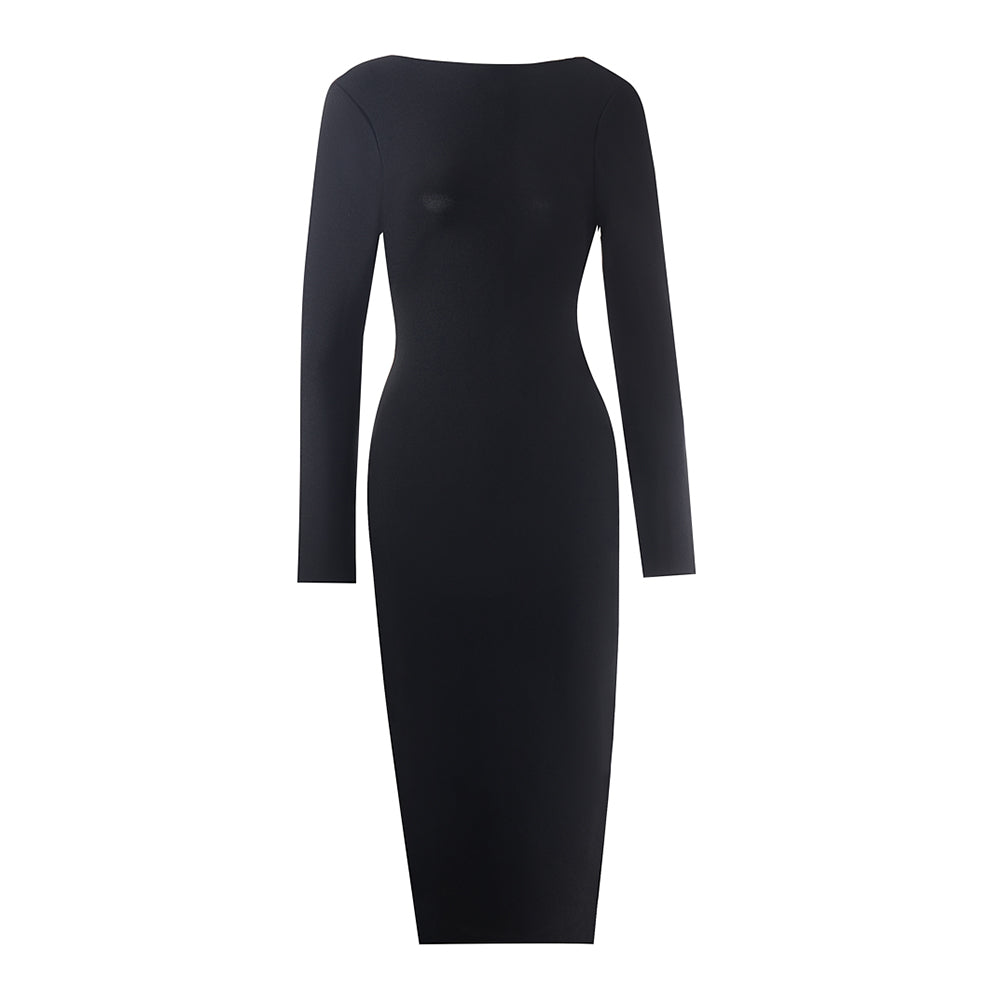 Round Neck Long Sleeve Tight-fitting Midi Bandage Dress PZC958