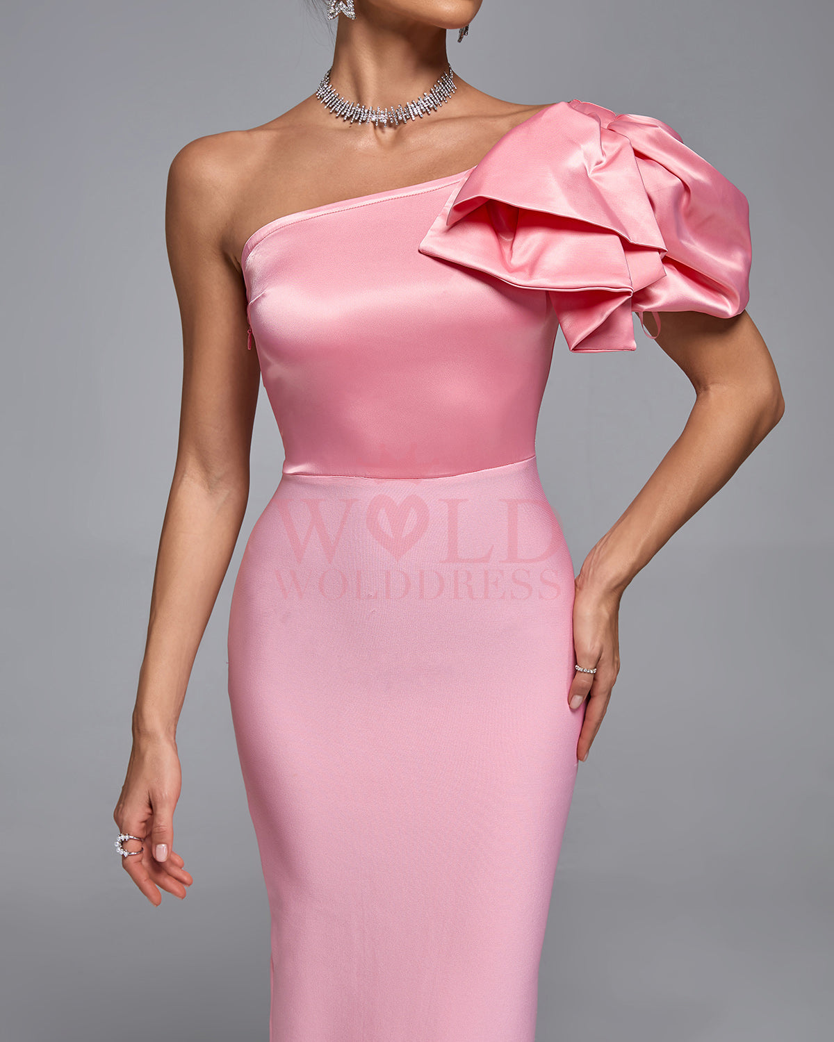 One Shoulder Satin & Bandage Maxi Dress