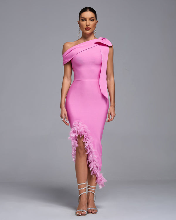 One Shoulder Feather Trim Bandage Dress