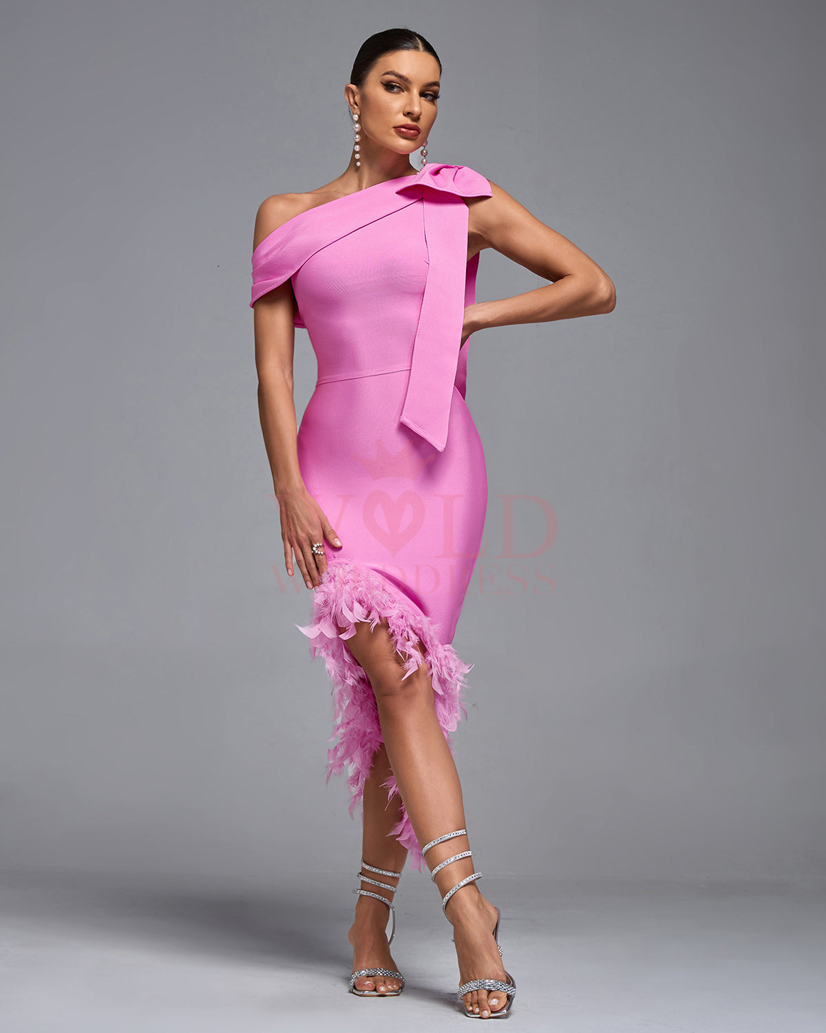 One Shoulder Feather Trim Bandage Dress