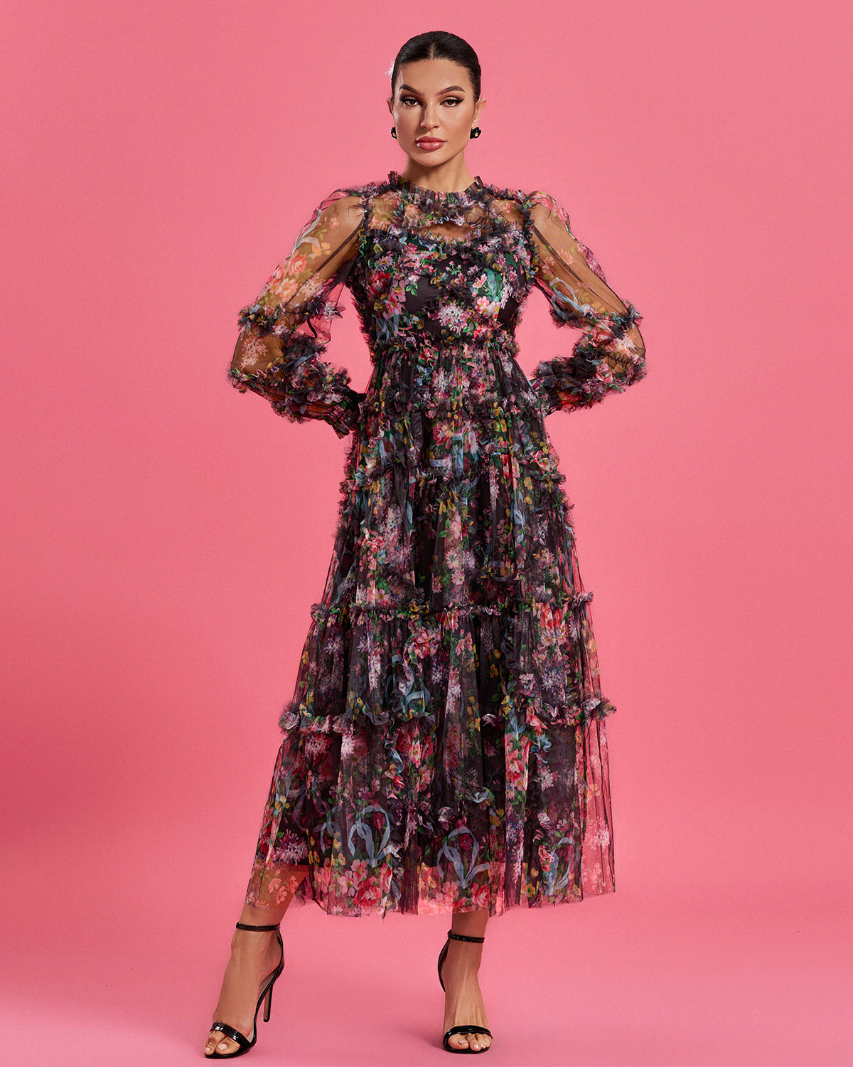 Bishop Sleeve Floral Tulle Ruffle Dress