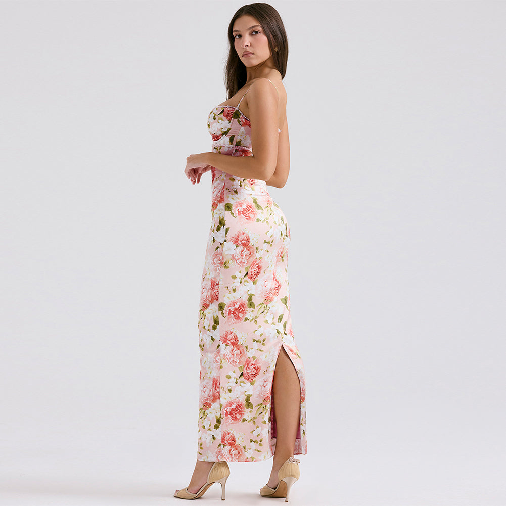 Pink Floral Spaghetti Stap Maxi Dress