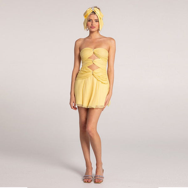 Strapless Cutout Mini Ruffle Dress in Yellow